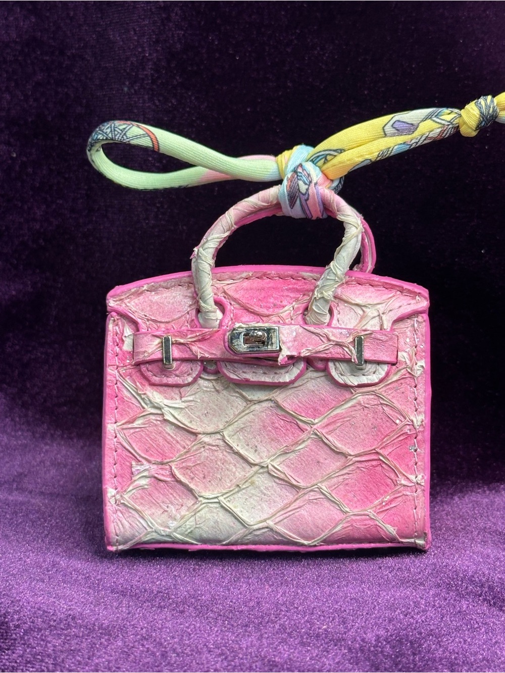 ombré croc-embossed mini bag charm, pastel scarf tie